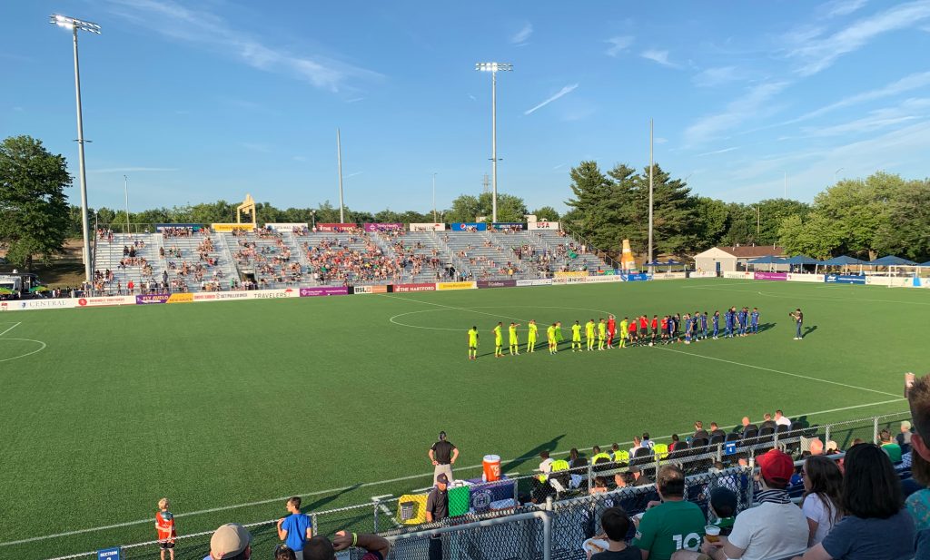 The Tampa Bay Rowdies and Hartford Athletic ahead of their July 9 game at Trinity Health Stadium in Hartford.
